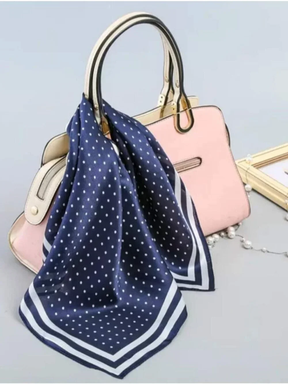 Women's Nvay Blue Polka Dot Scarf for Hair Digital Printed Headscarf Silk